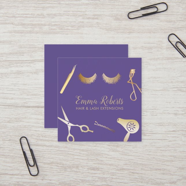 Hair & Eyelash Extensions Modern Violet & Gold Square Business Card (Front/Back In Situ)