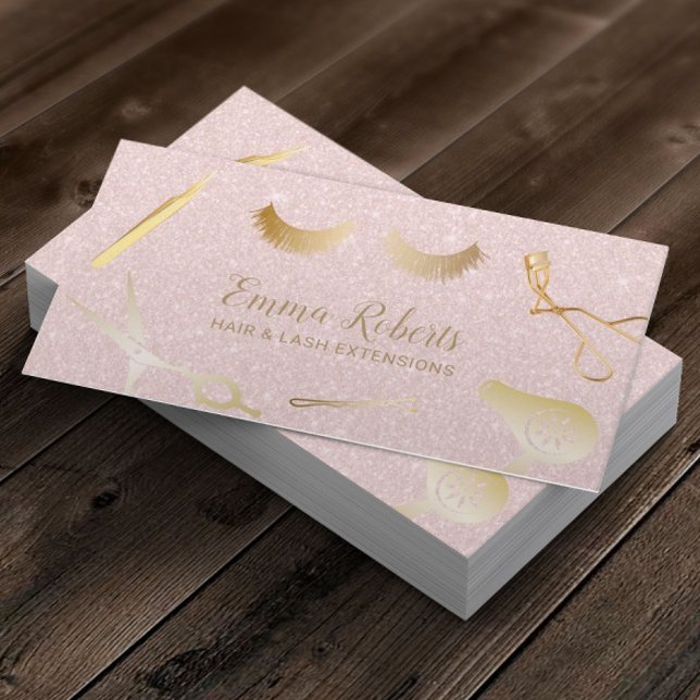 Hair & Eyelash Extensions Salon Blush Pink Glitter Business Card (Creator Uploaded)