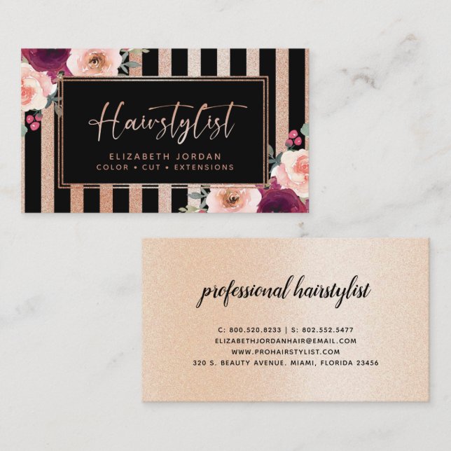 Hair Floral Black Rose Gold Glitter Business Card (Front/Back)
