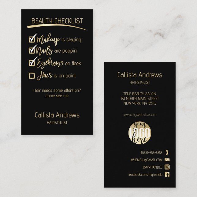 Hair Gold Black Beauty Checklist Business Logo Appointment Card (Front/Back)