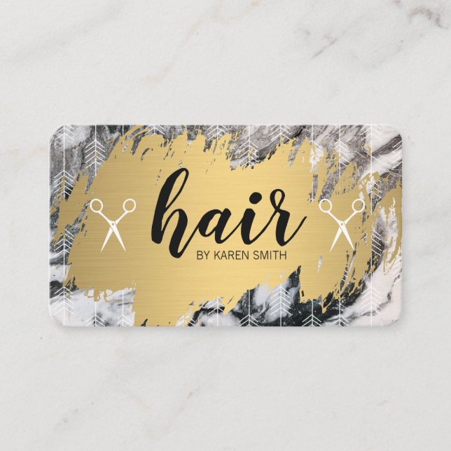 HAIR | Gold Brushed and Arrows | Marble Business Card (Front)