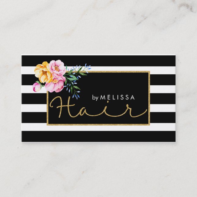 Hair Gold Glitter Text Black & White Stripes Business Card (Front)