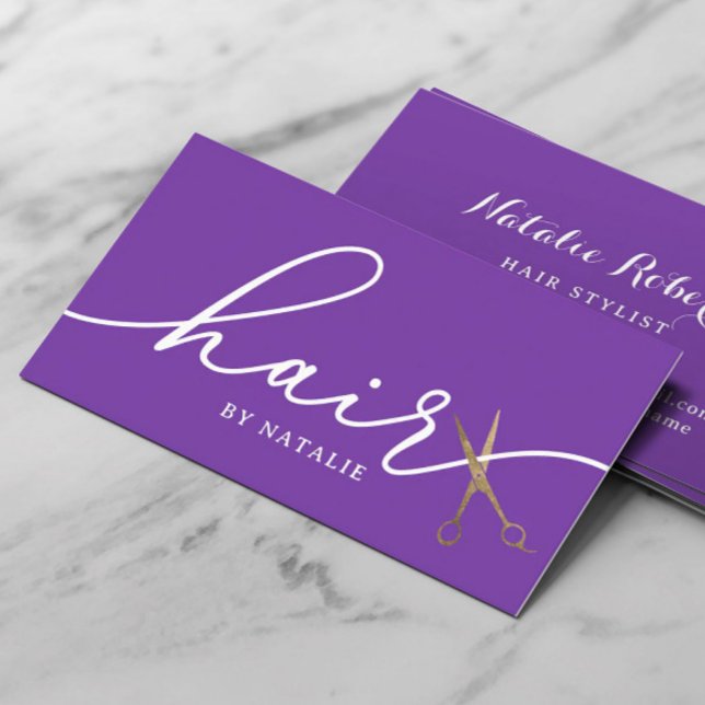Hair Gold Scissor Elegant Purple Beauty Salon Business Card (Creator Uploaded)
