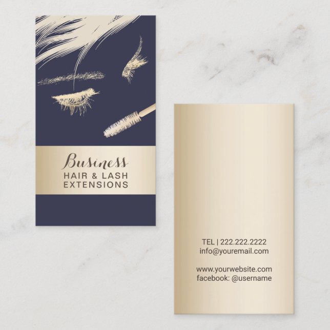 Hair & Lash Extensions Salon Modern Blue & Gold Business Card (Front/Back)