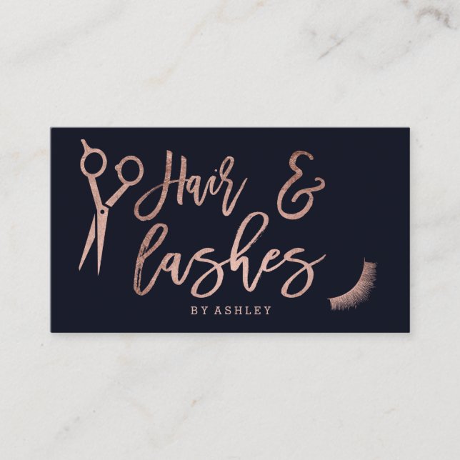 Hair lashes rose gold typography navy blue business card (Front)