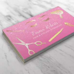 Hair & Lashes Salon Modern Gold & Pink Glitter Business Card