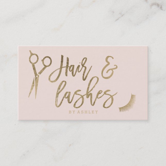 Hair lashes script gold typography blush pink business card (Front)