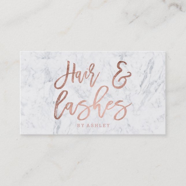 Hair lashes script rose gold typography marble business card (Front)