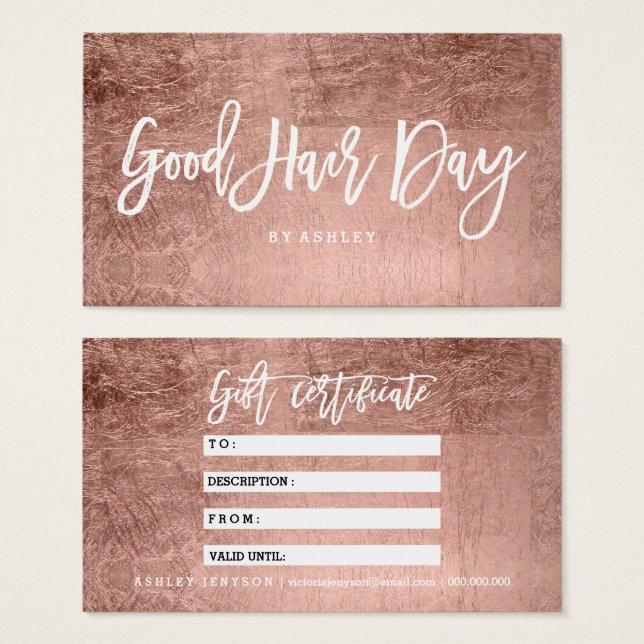 Hair logo typography gift certificate rose gold (Front & Back)