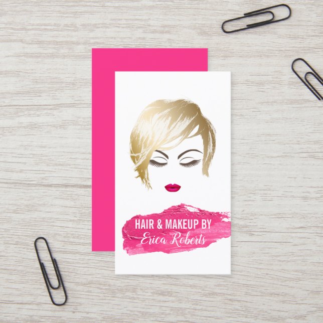 Hair & Makeup Artist Girl & Pink Lipstick Stain Business Card (Front/Back In Situ)