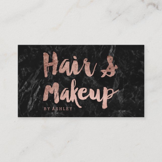Hair Makeup artist rose gold script black marble Business Card (Front)