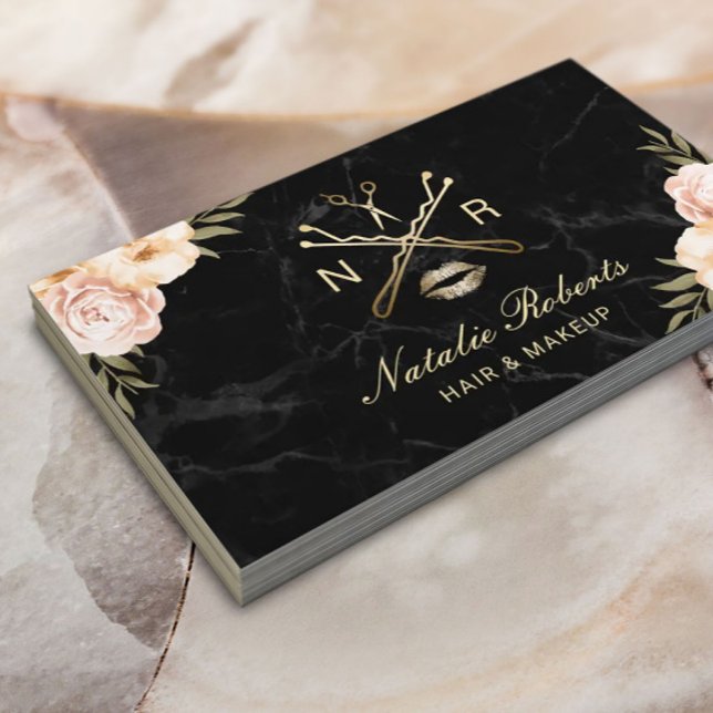 Hair Makeup Beauty Salon Logo Modern Floral Marble Business Card (Creator Uploaded)