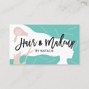 Hair & Makeup Beauty Salon Teal & Pink Typography Business Card