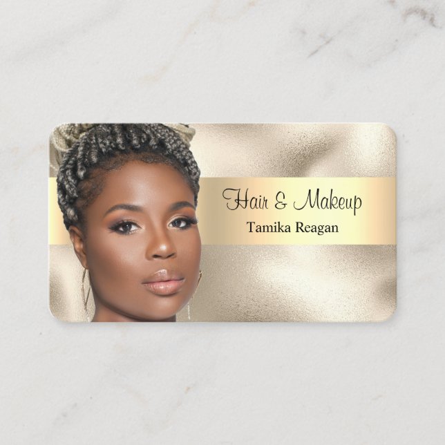 Hair & Makeup, Black Text, Your Photo, Gold Busine Business Card (Front)