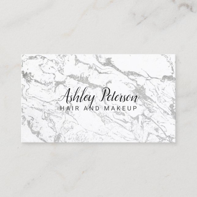 Hair makeup black white silver marble typography business card (Front)
