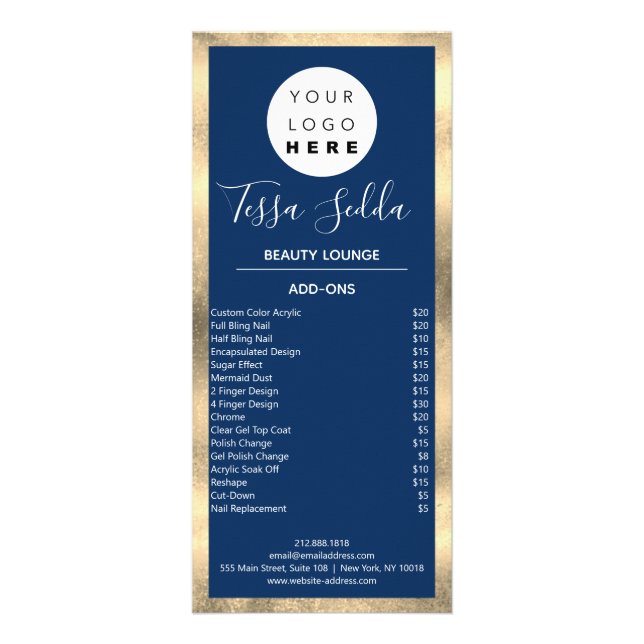 Hair Makeup Nails Manicure Pedicure Gold Blue Navy Rack Card (Back)