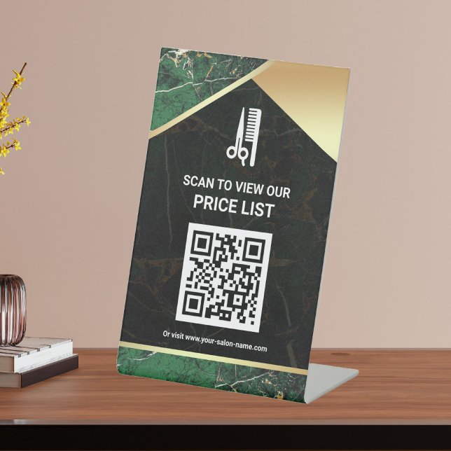 Hair Makeup Salon QR Code Price List Green Marble Pedestal Sign (Creator Uploaded)