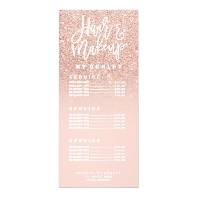 Hair makeup typography blush rose gold price list rack card (Front)