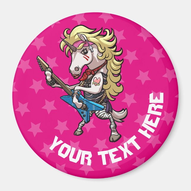 Hair Metal Glam Unicorn With Star Guitar Cartoon Magnet (Front)