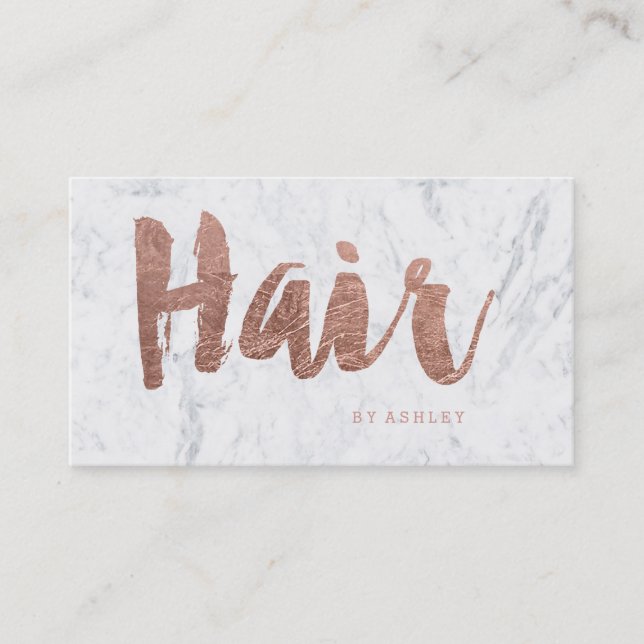 Hair modern rose gold typography marble loyalty business card (Front)