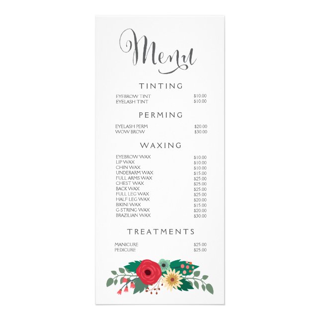 Hair Nail Salon Beautician Menu Floral Price List (Front)