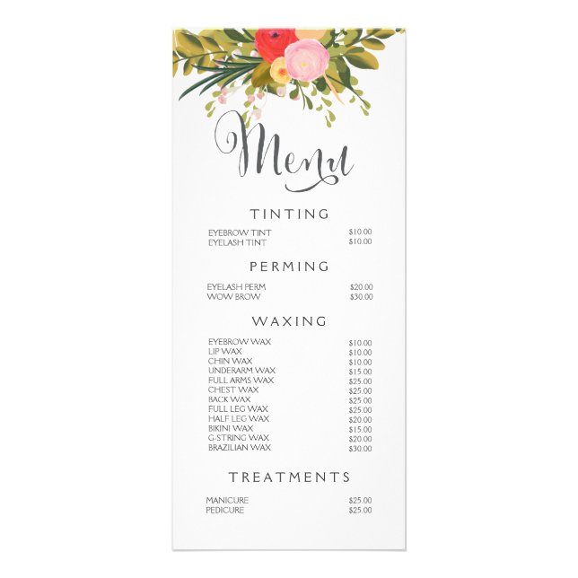 Hair Nail Salon Beautician Menu Floral Price List (Front)