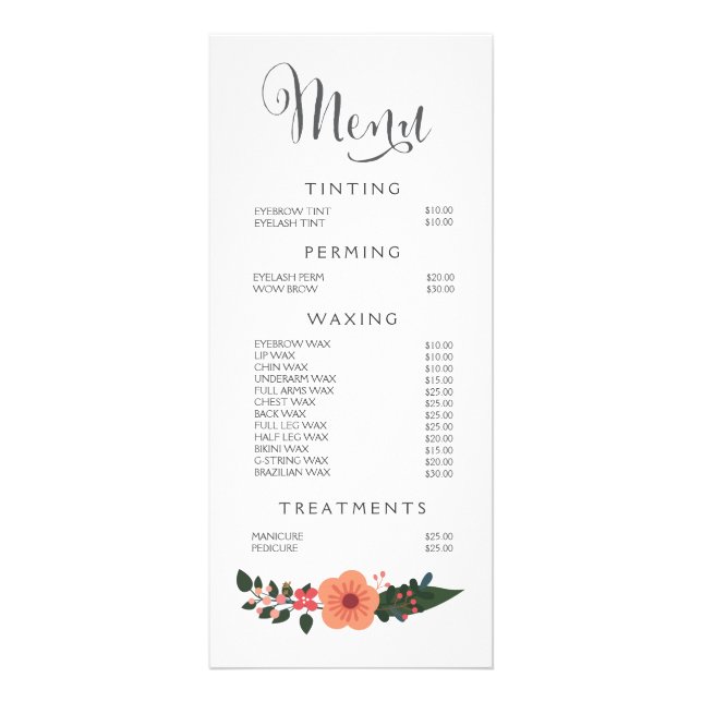 Hair Nail Salon Beautician Menu Floral Price List (Front)
