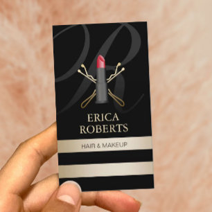 Hair Pins & Lipstick Gold Stripes Beauty Salon  Appointment Card