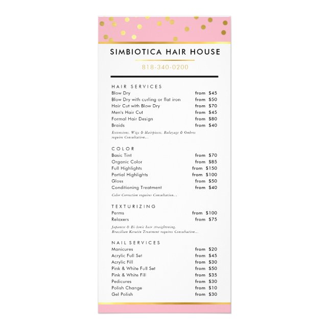 HAIR PRICE LIST glam polka dot gold pale pink Rack Card (Front)