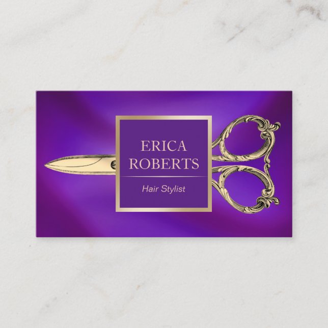 Hair Salon Antique Scissor Modern Purple & Gold Business Card (Front)