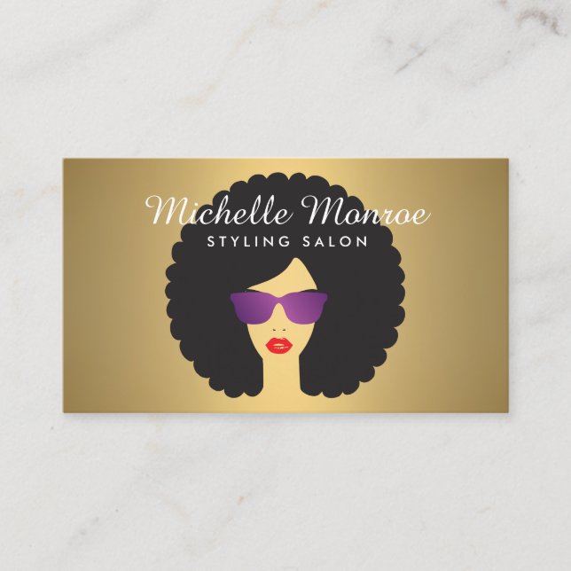 Hair Salon Beauty Girl with Afro on Faux Gold Business Card (Front)