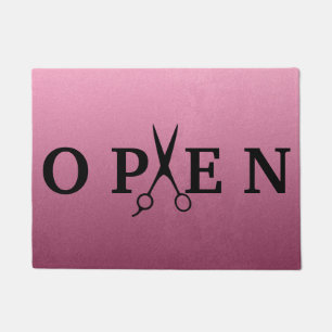 Hair Salon Black Scissor Open Welcome Doormat