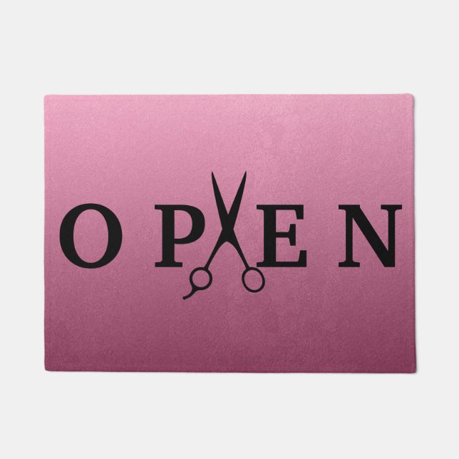 Hair Salon Black Scissor Open Welcome Doormat (Front)