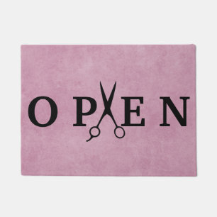 Hair Salon Black Scissor Open Welcome Doormat