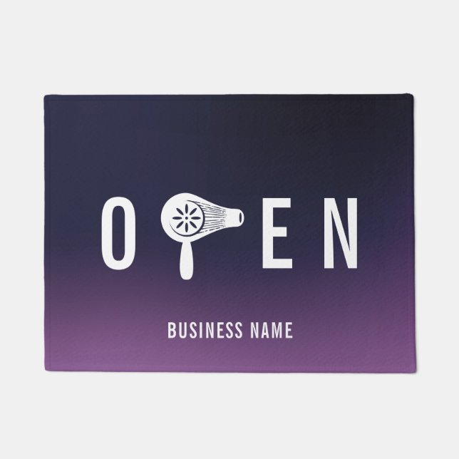 Hair Salon Blow Dry Bar Deep Purple Open Welcome Doormat (Front)