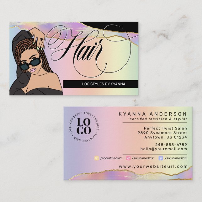 Hair Salon, Braid Stylist, Loctician Glam Pastel B Business Card (Front/Back)