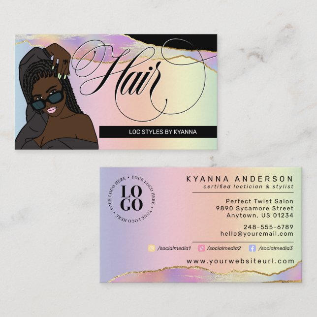 Hair Salon, Braid Stylist, Loctician Rainbow Glam  Business Card (Front/Back)