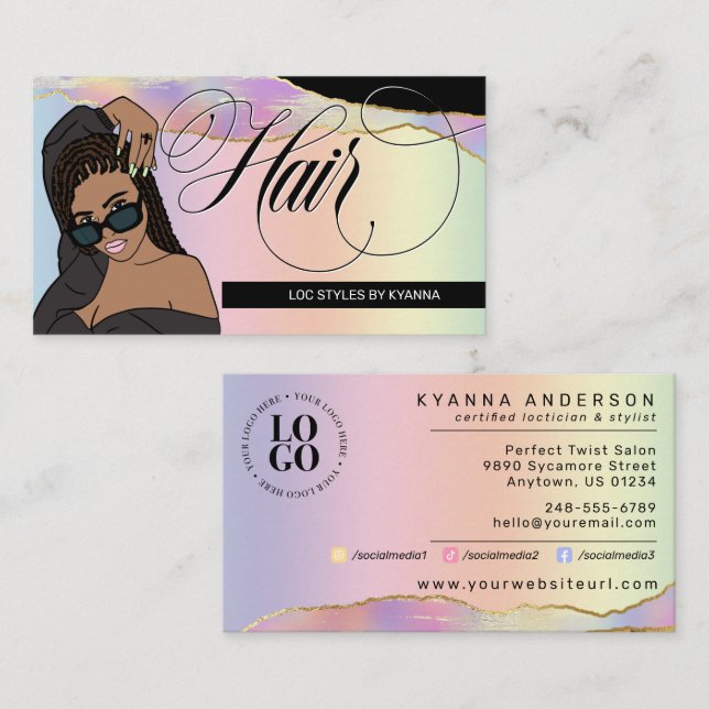 Hair Salon, Braid Stylist, Loctician Rainbow Glam Business Card (Front/Back)