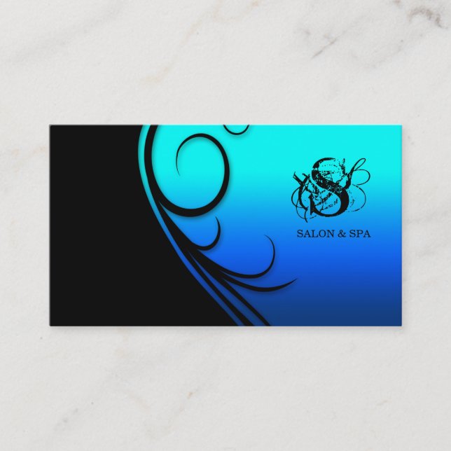 Hair Salon Business Card Swirl Blue Black (Front)
