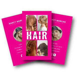 Hair Salon Calligraphy Photo Collage Hot Pink Business Card