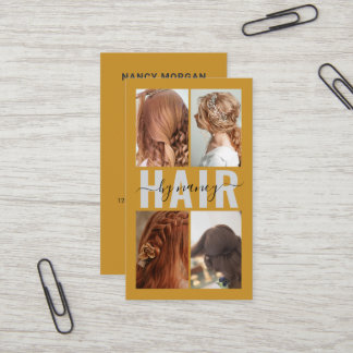 Hair Salon Calligraphy  Photo Collage Mustard Business Card