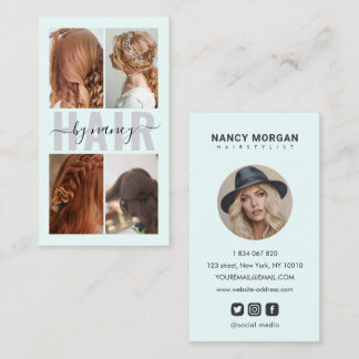 Hair Salon Calligraphy Script Photo Collage Blue  Business Card