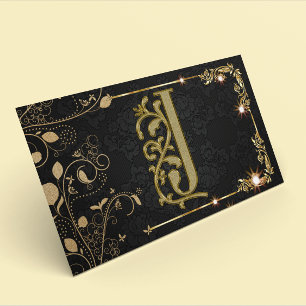 Hair Salon Chic Black Gold Monogram Hairstylist  Business Card