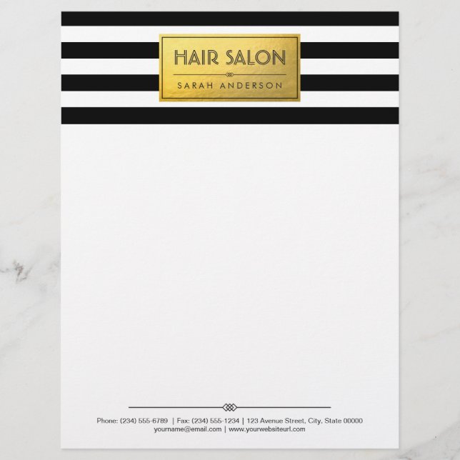 HAIR SALON - Classy Gold Label Black White Stripes Personalised Letterhead (Front)