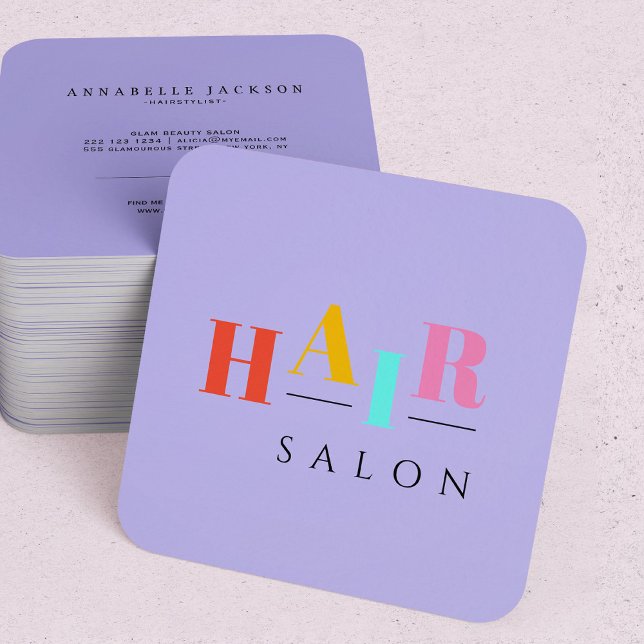 Hair salon colourful typography modern hairstylist square business card (Creator Uploaded)