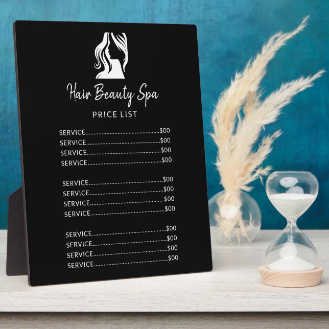 Hair salon elegant black and white menu price list plaque (Side)