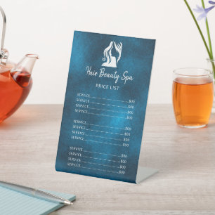 Hair salon elegant white and blue service menu pedestal sign