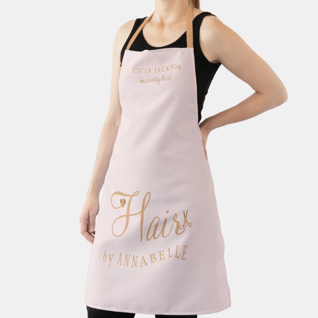 Hair salon employee personalised pink and gold apron (Insitu)