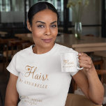 Hair salon employee personalised white and gold T-Shirt<br><div class="desc">Trendy modern glamourous elegant salon and hairstylist hairdresser employee name t-shirt with trendy chic typography in white (changeable t-shirt colour) and faux metallic copper gold with scissors and a little heart.              Suitable for hairstyle salon,  beauty studio,  hairdresser,  professional hairstylist.                       Perfect choice for an elegant stylish sophisticated professional look.</div>