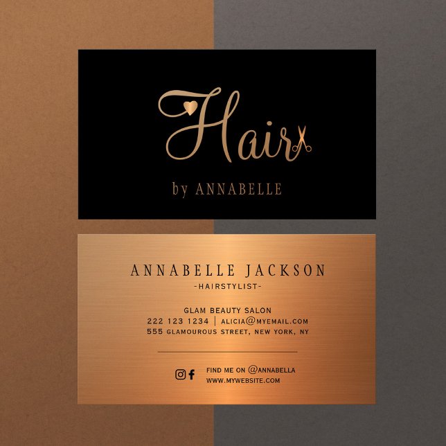 Hair salon glam black gold metallic hairstylist business card (Creator Uploaded)